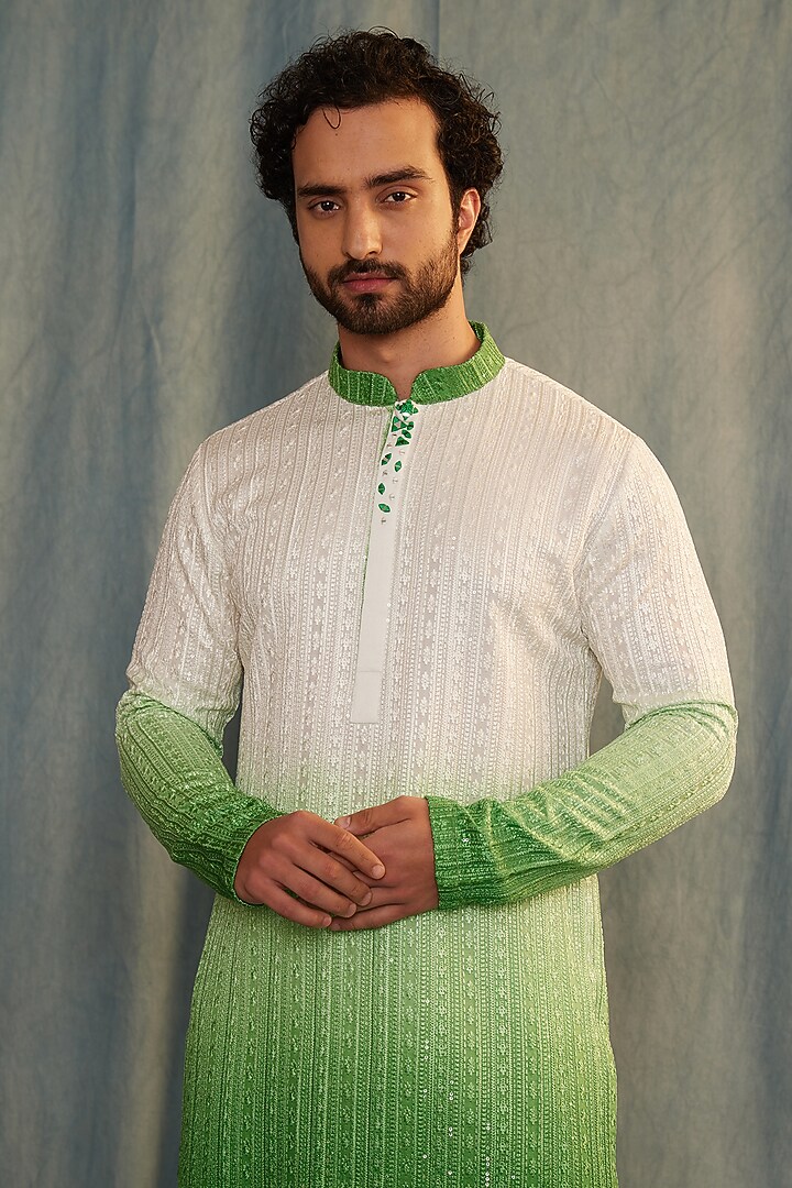 White & Green Ombre Chikankari Mirror Embroidered Kurta Set by ACHKANN at Pernia's Pop Up Shop