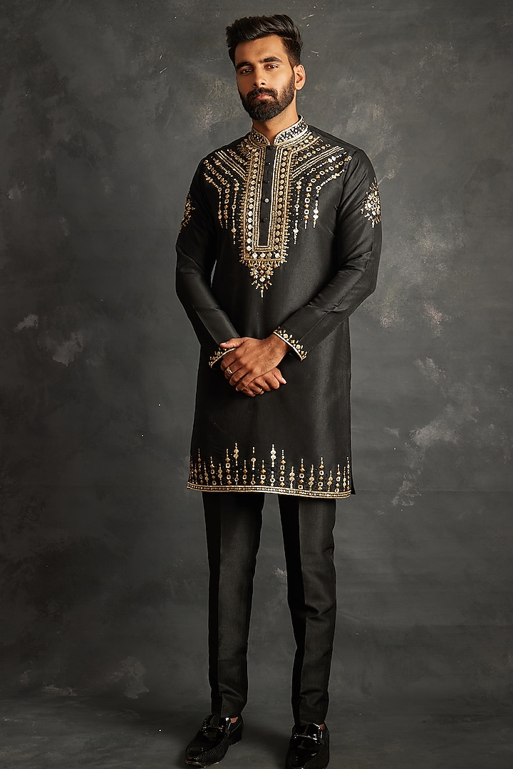 Black Silk Sequins Hand Embroidered Kurta Set by ACHKANN