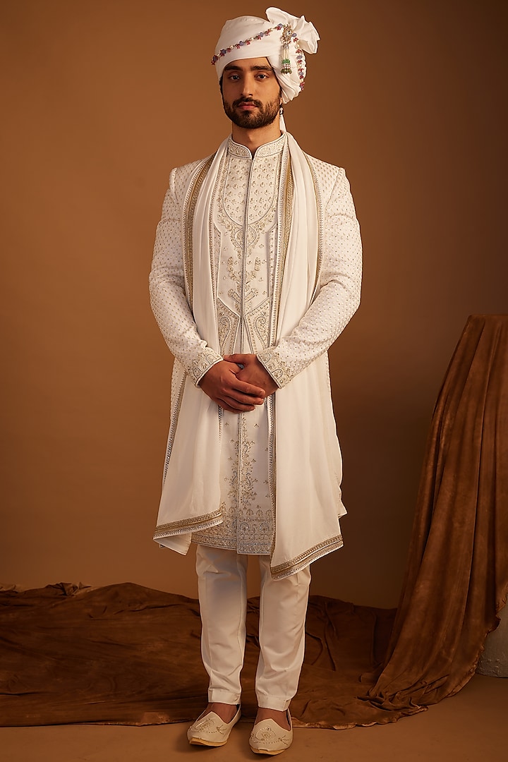 White Taffeta Silk Zardosi Hand Embroidered Sherwani Set by ACHKANN