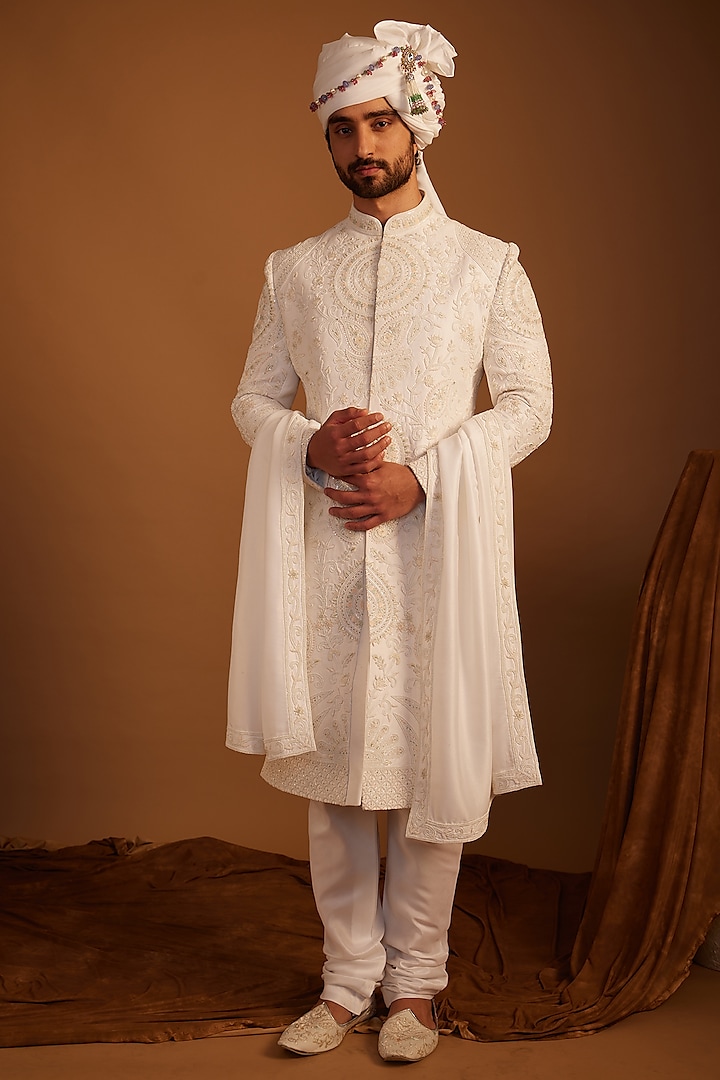 White Taffeta Silk Resham Hand Embroidered Sherwani Set by ACHKANN