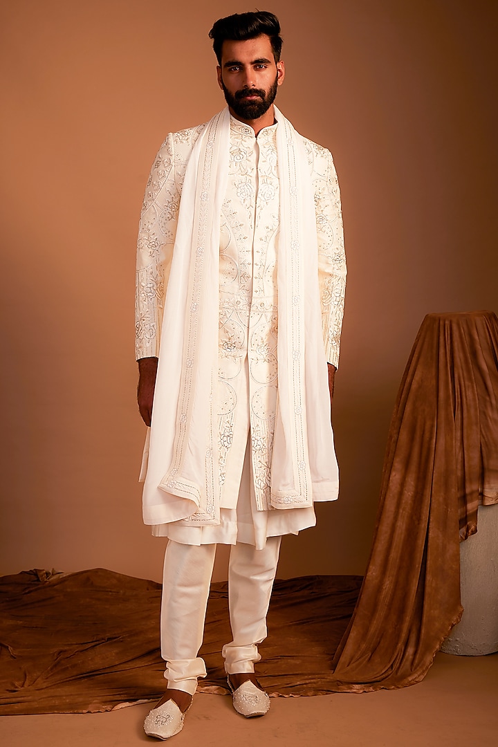 Cream Silk Zardosi Hand Embroidered Wedding Sherwani Set by ACHKANN at Pernia's Pop Up Shop