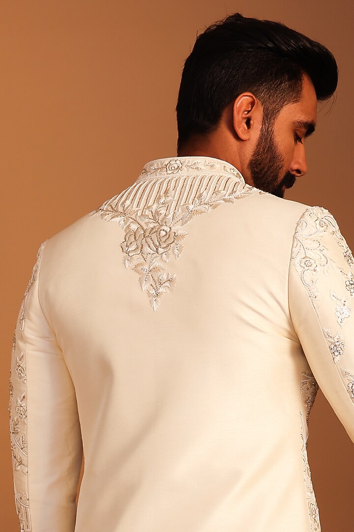Cream Silk Zardosi Hand Embroidered Wedding Sherwani Set by ACHKANN at Pernia's Pop Up Shop