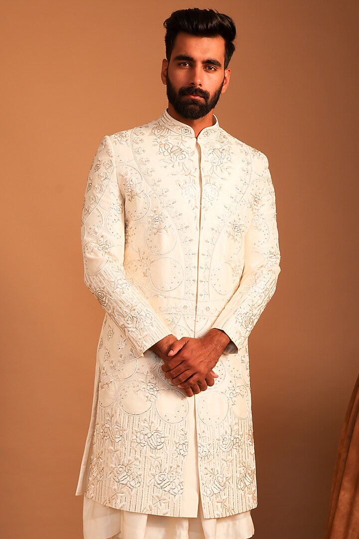 Cream Silk Zardosi Hand Embroidered Wedding Sherwani Set by ACHKANN at Pernia's Pop Up Shop