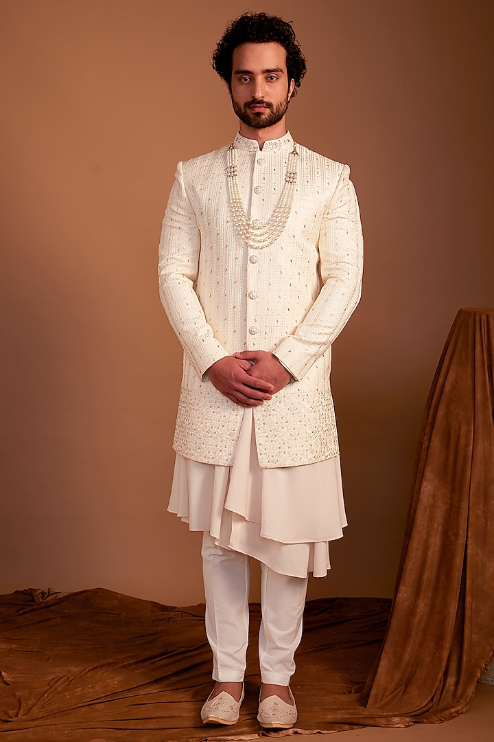 Cream Italian Fabric Sequins Machine & Hand Embroidered Sherwani Set by ACHKANN