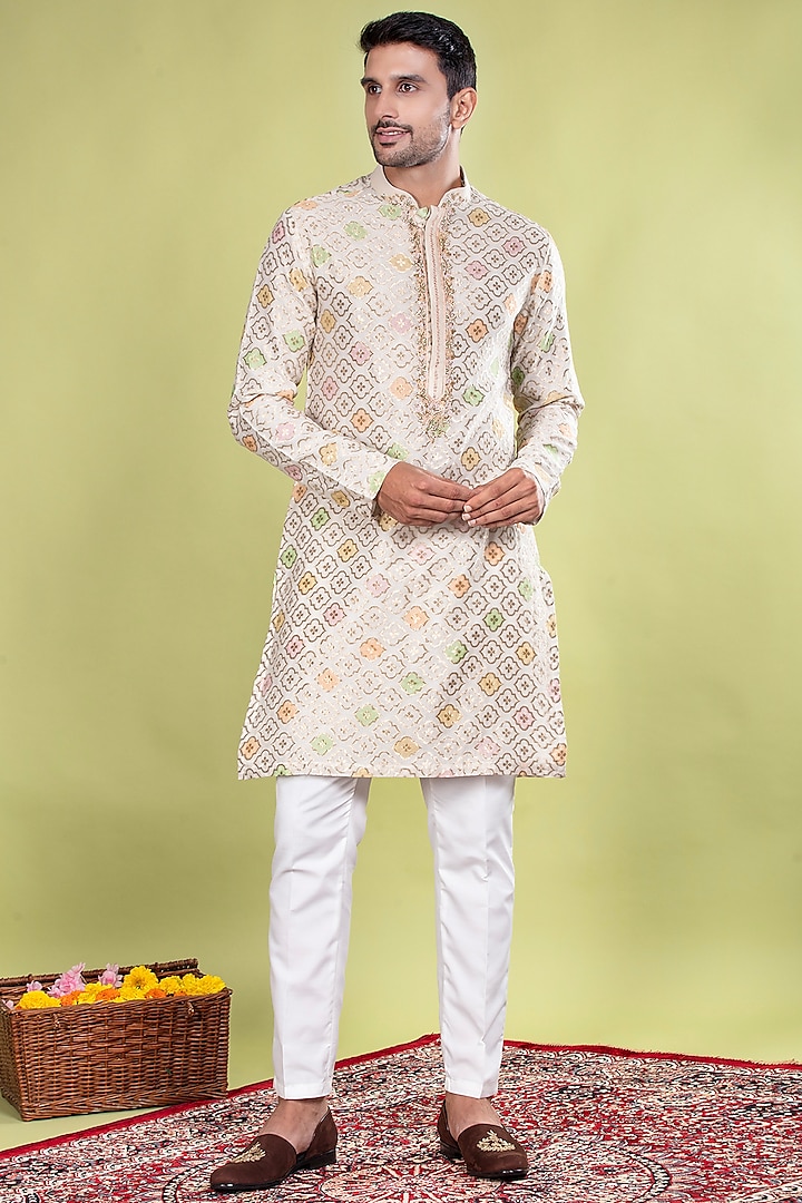 Ivory & Multi-Colored Banarasi Brocade Zardosi Embroidered Kurta Set by ACHKANN at Pernia's Pop Up Shop