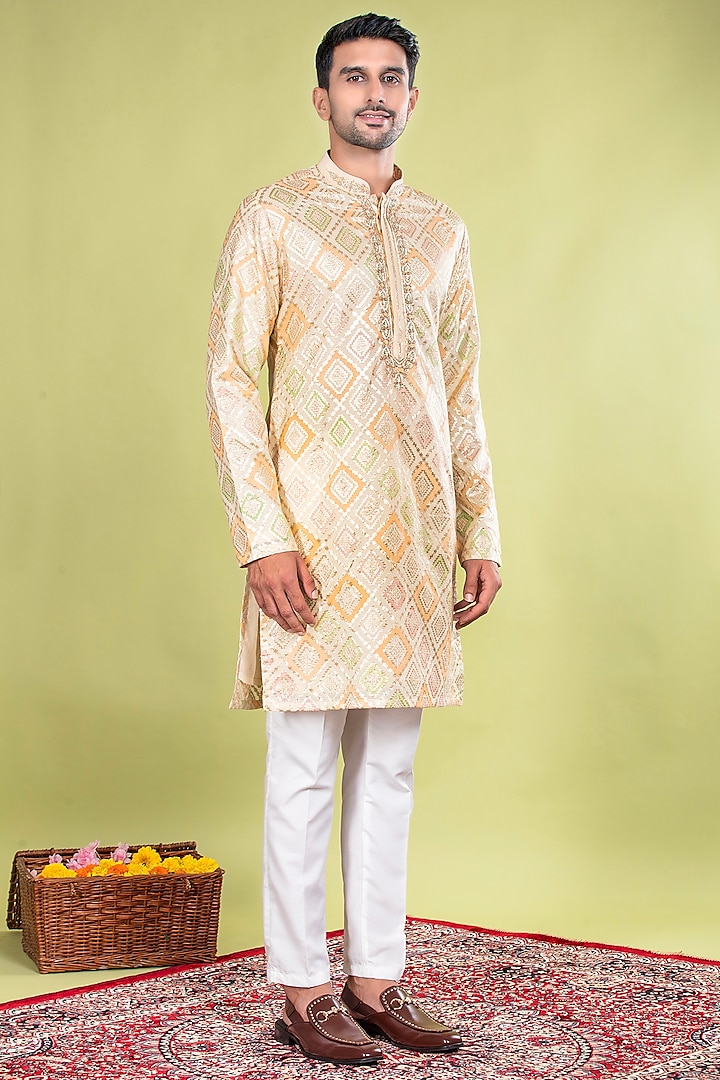 Cream & Multi-Colored Banarasi Brocade Zardosi Embroidered Kurta Set by ACHKANN at Pernia's Pop Up Shop