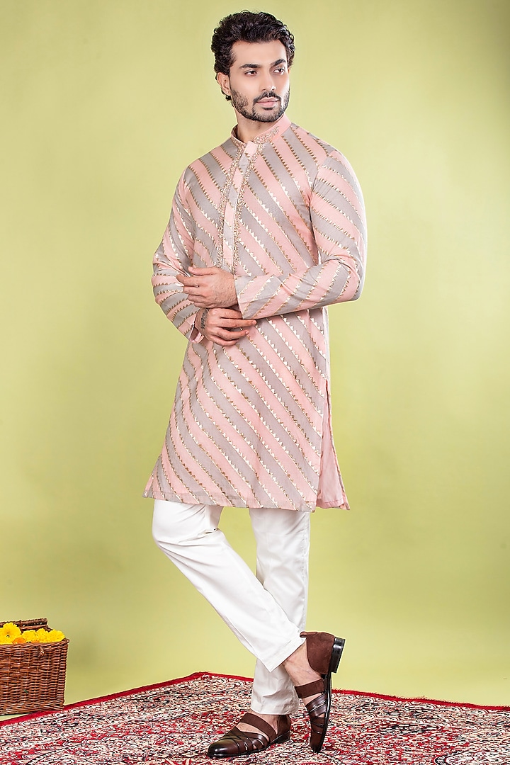 Pink & Grey Banarasi Brocade Zardosi Embroidered Kurta Set by ACHKANN at Pernia's Pop Up Shop