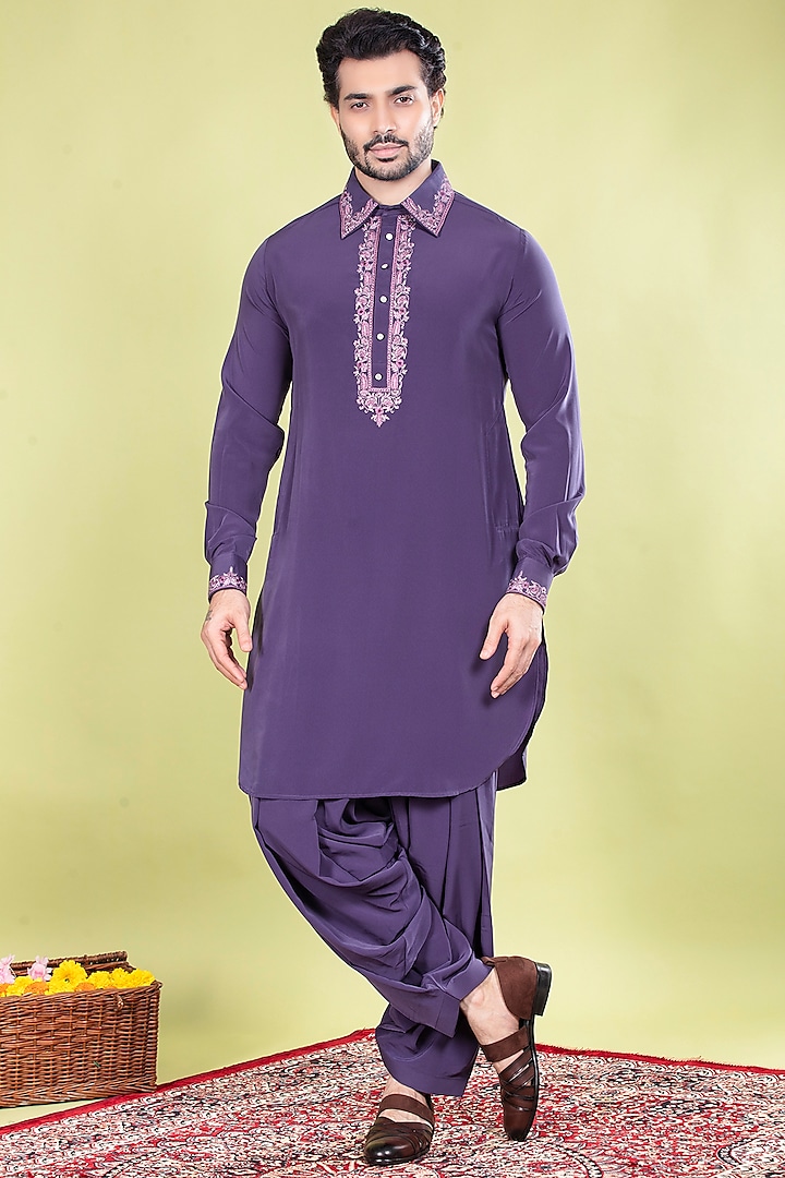 Purple Crepe Thread Machine Embroidered Kurta Set by ACHKANN at Pernia's Pop Up Shop