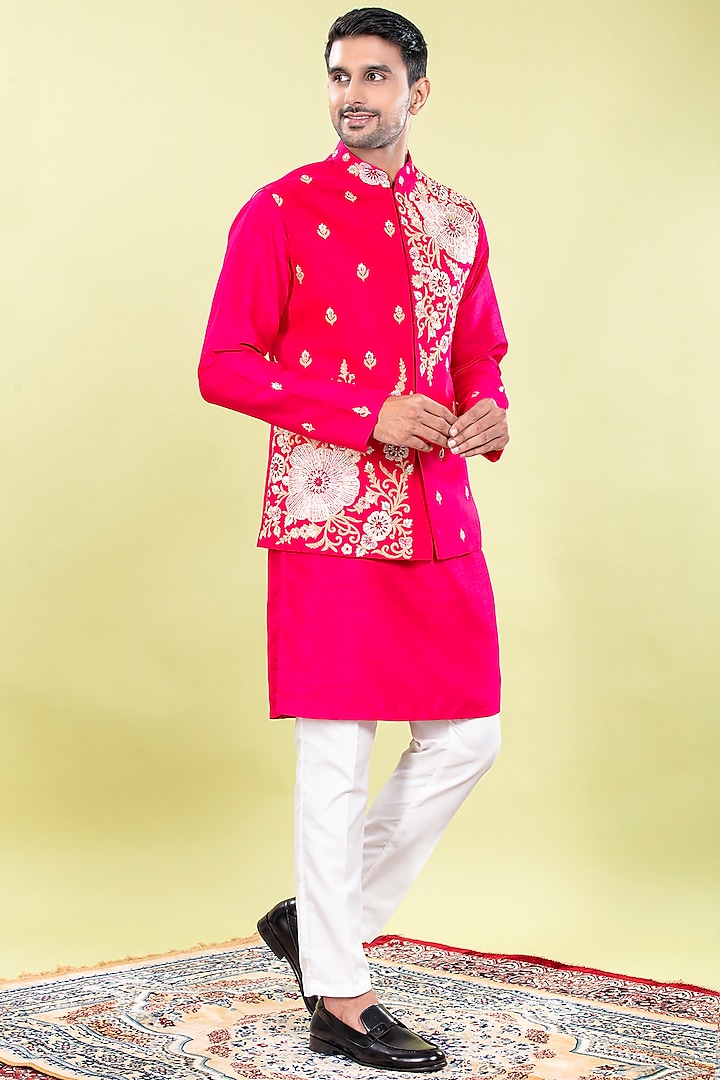 Fuchsia Pink Raw Silk Machine & Hand Embroidered Bundi Jacket Set by ACHKANN