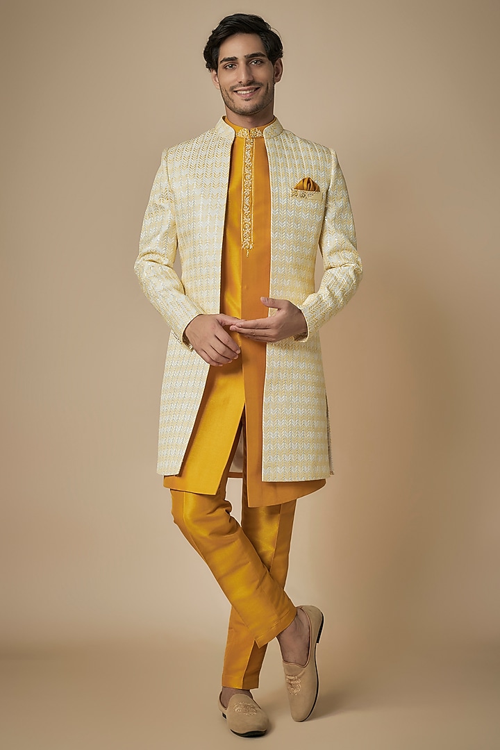 Ochre Yellow Raw Silk Resham Embroidered Indowestern Set by ACHKANN at Pernia's Pop Up Shop