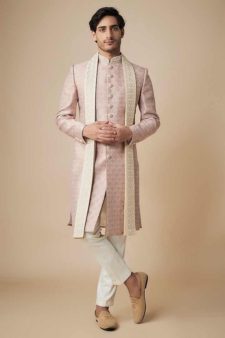 Rose Pink Banarasi Brocade Zardosi Hand Embroidered Sherwani Set by ACHKANN