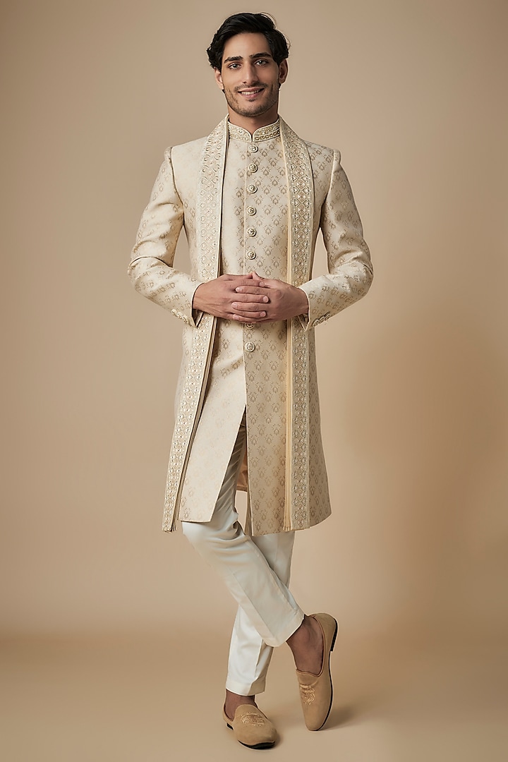 Beige Banarasi Brocade Zardosi Hand Embroidered Sherwani Set by ACHKANN at Pernia's Pop Up Shop