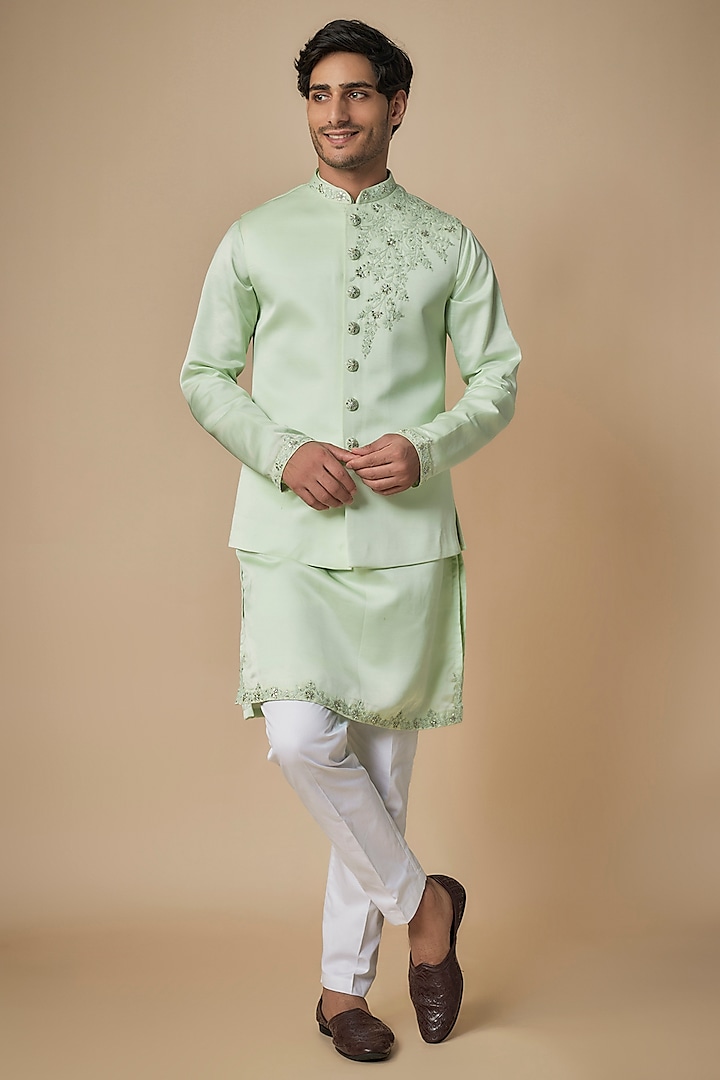 Mint Green Linen Satin Resham Embroidered Bundi Jacket Set by ACHKANN at Pernia's Pop Up Shop