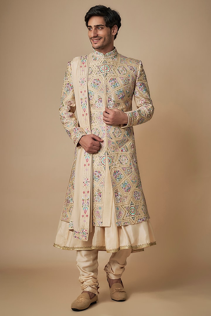 Beige Taffeta Silk Zardosi Hand Embroidered Sherwani Set by ACHKANN