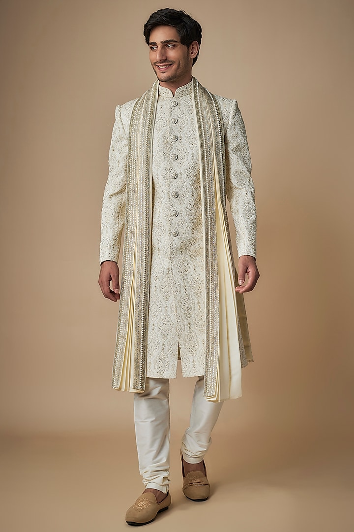 Ivory Banarasi Silk Hand Embroidered Wedding Sherwani Set by ACHKANN at Pernia's Pop Up Shop