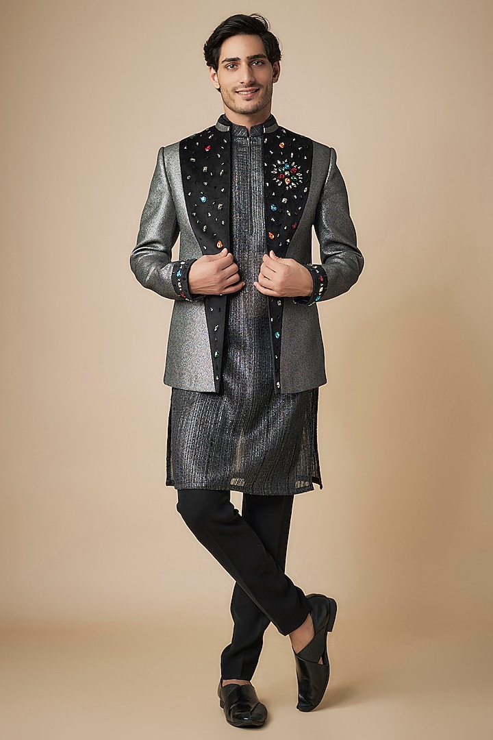 Black & Silver Polyester Embroidered Indowestern Set by ACHKANN at Pernia's Pop Up Shop