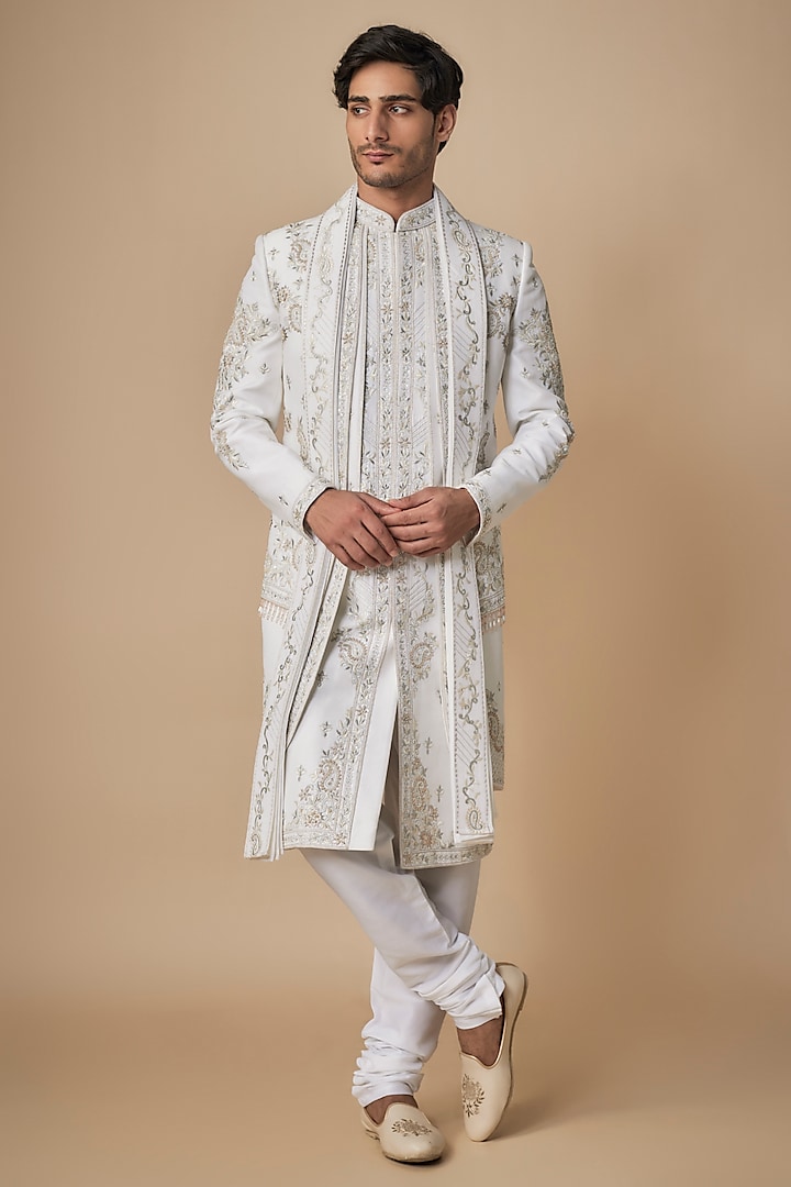 White Taffeta Silk Hand & Machine Embroidered Wedding Sherwani Set by ACHKANN at Pernia's Pop Up Shop