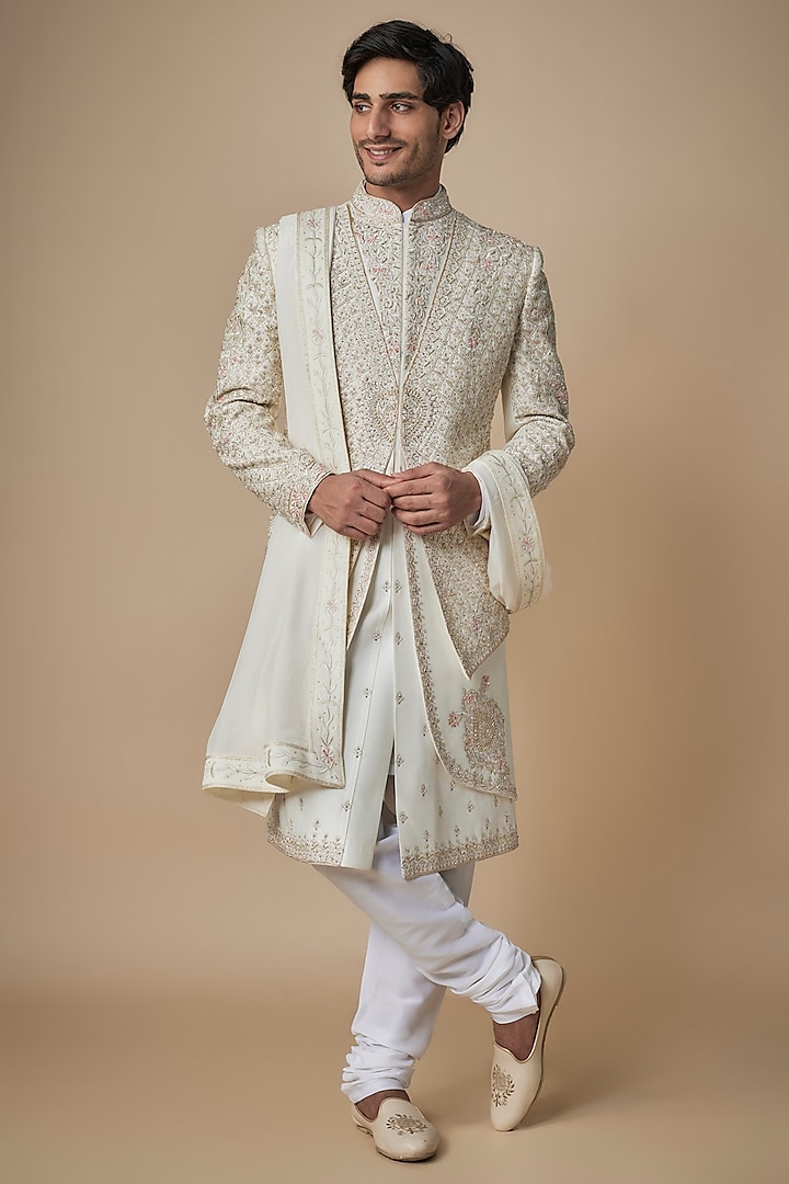 Off-White Taffeta Silk Resham Embroidered Sherwani Set by ACHKANN