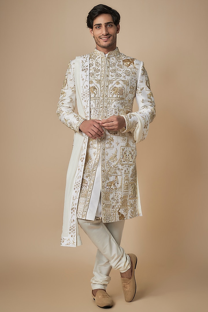 Off-White Raw Silk Hand Embroidered Sherwani Set by ACHKANN