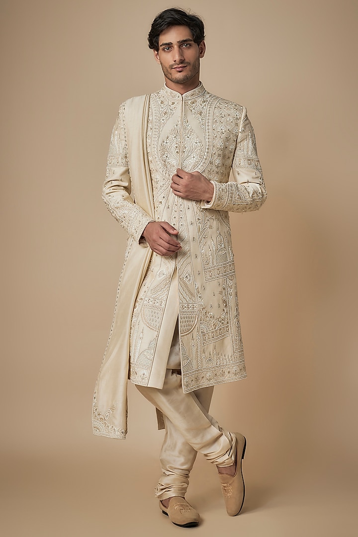 Cream Raw Silk Hand Embroidered Wedding Sherwani Set by ACHKANN at Pernia's Pop Up Shop