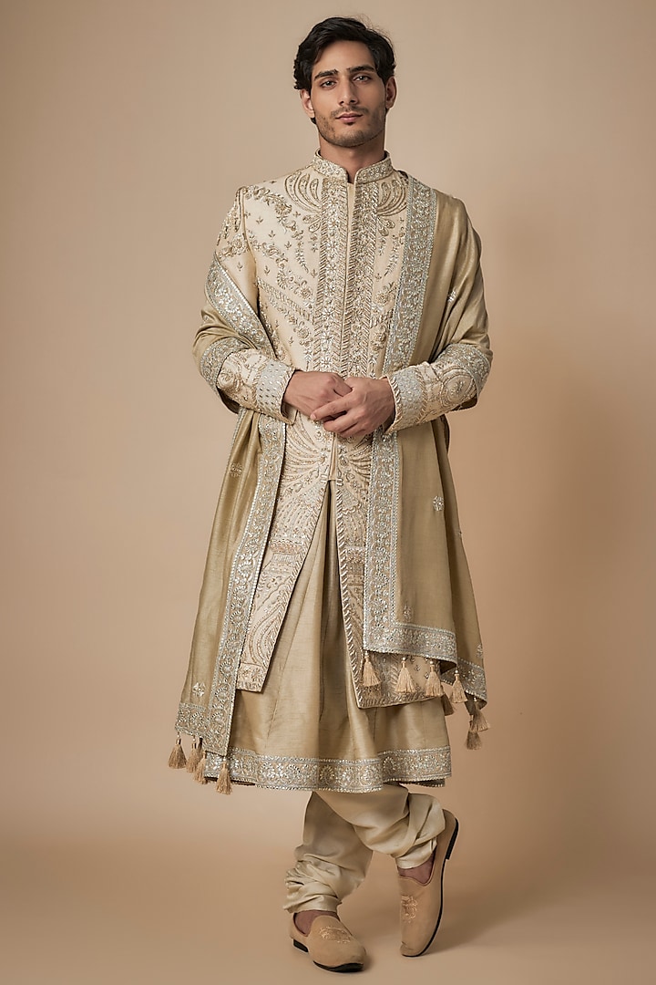 Beige Taffeta Silk Zardosi Embroidered Sherwani Set by ACHKANN