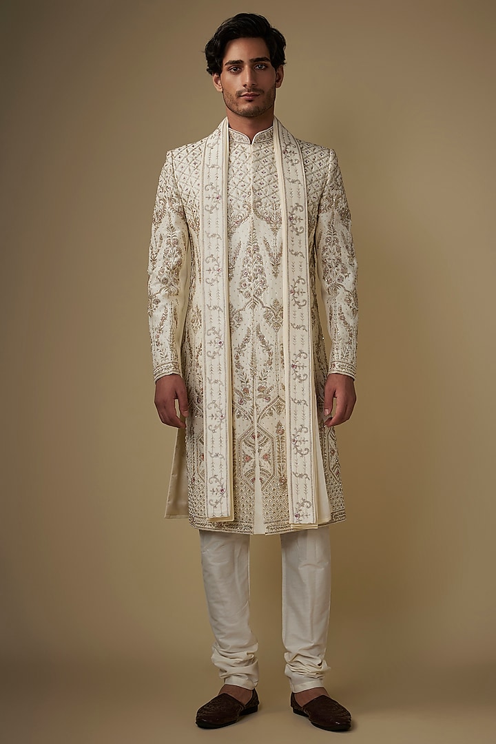 Cream Silk Metallic Thread Embroidered Wedding Sherwani Set by ACHKANN at Pernia's Pop Up Shop