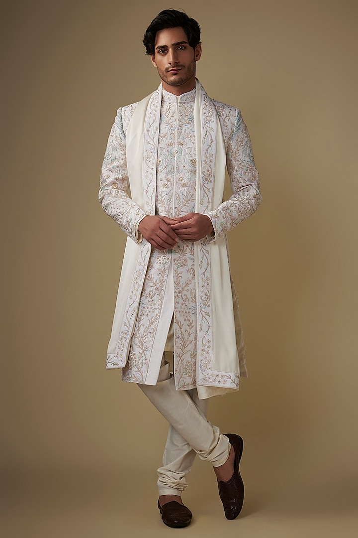 Off-White Pure Raw Silk Thread Embroidered Groom Sherwani Set by ACHKANN at Pernia's Pop Up Shop