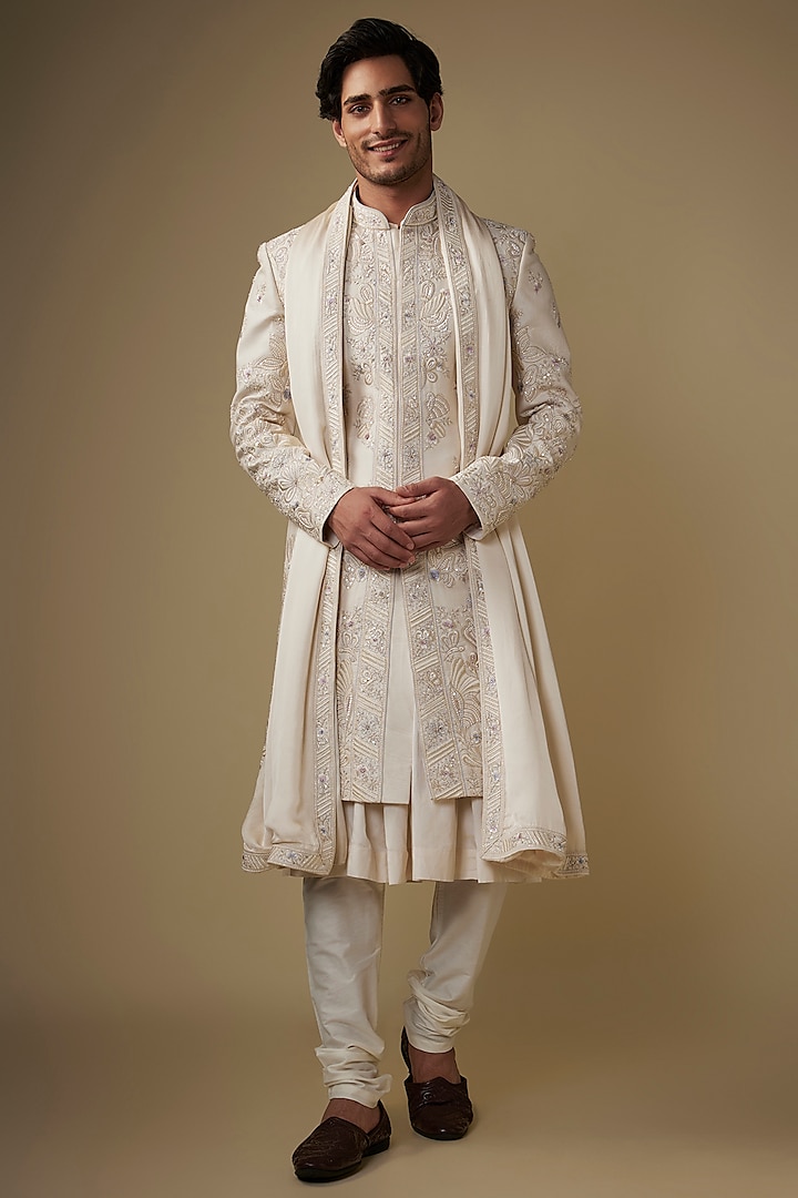 Cream Silk Zardosi Embroidered Wedding Sherwani Set by ACHKANN at Pernia's Pop Up Shop