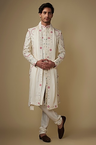 Cream Silk Crystal Embroidered Sherwani Set by ACHKANN