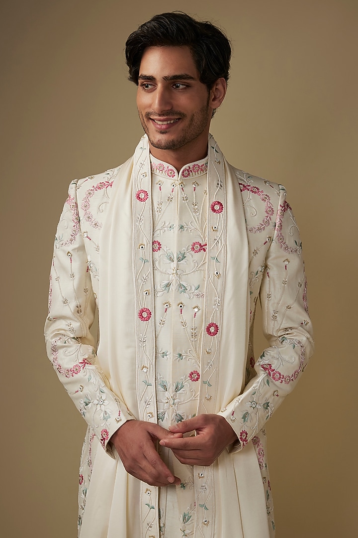 Cream Silk Crystal Embroidered Wedding Sherwani Set by ACHKANN at Pernia's Pop Up Shop