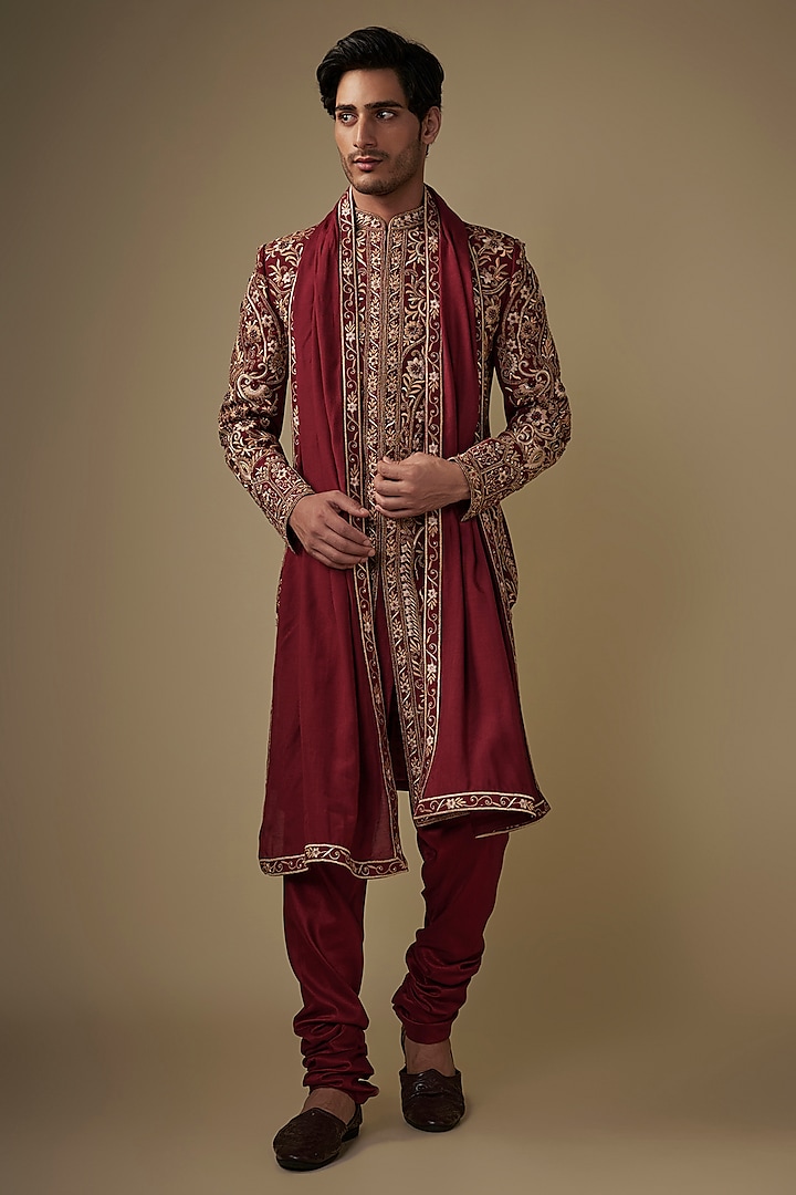 Maroon Silk Stone Embroidered Wedding Sherwani Set by ACHKANN at Pernia's Pop Up Shop