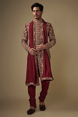 Maroon Silk Stone Embroidered Sherwani Set by ACHKANN
