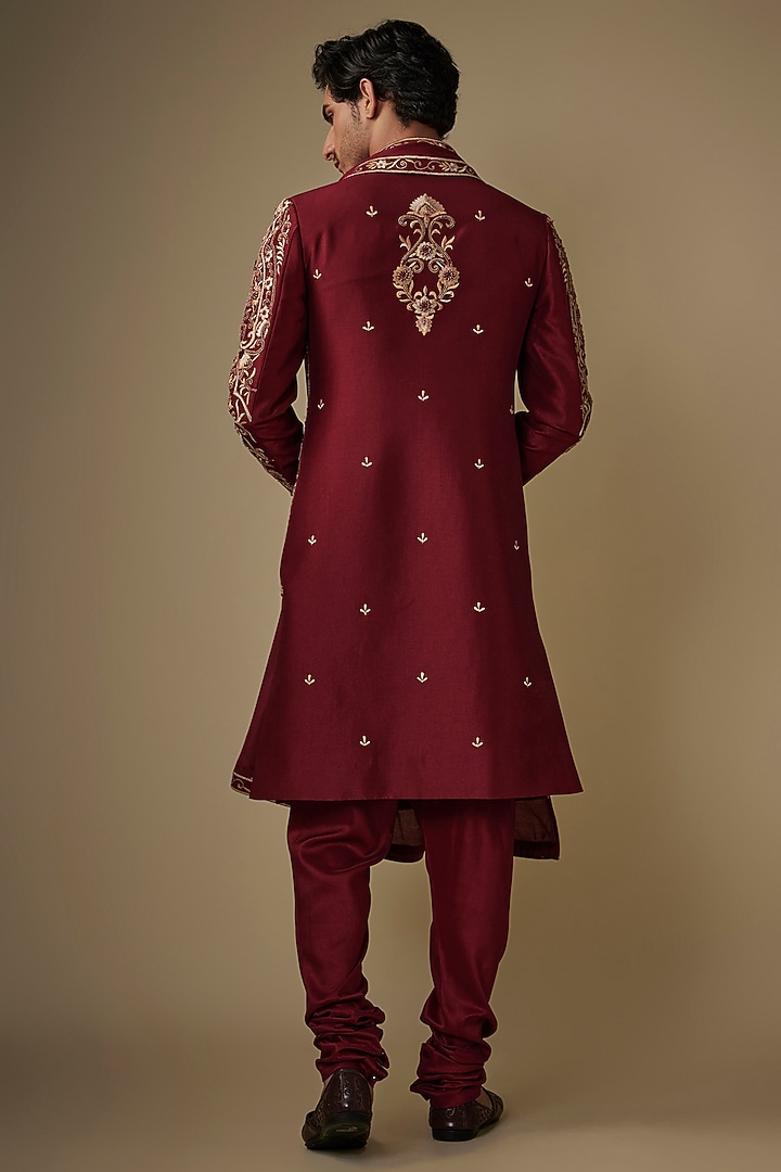 Maroon Silk Stone Embroidered Wedding Sherwani Set by ACHKANN at Pernia's Pop Up Shop
