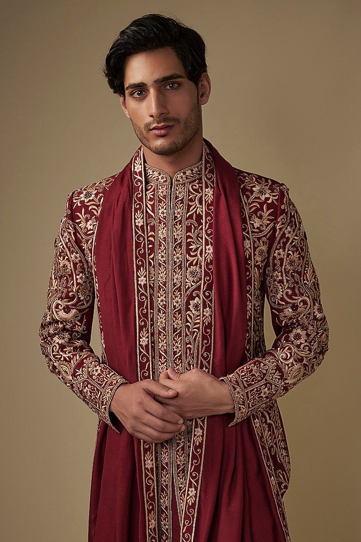 Maroon Silk Stone Embroidered Wedding Sherwani Set by ACHKANN at Pernia's Pop Up Shop