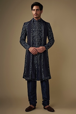 Blue Taffeta Silk Silver Beads Embroidered Sherwani Set by ACHKANN