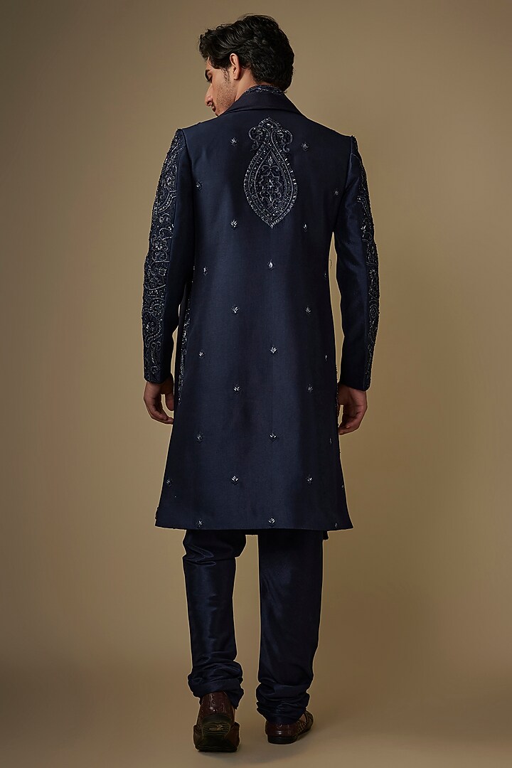 Blue Taffeta Silk Silver Beads Embroidered Wedding Sherwani Set by ACHKANN at Pernia's Pop Up Shop