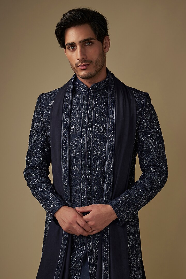 Blue Taffeta Silk Silver Beads Embroidered Wedding Sherwani Set by ACHKANN at Pernia's Pop Up Shop