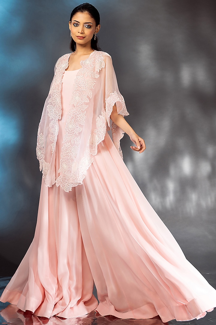 Peach-Pink Georgette Jumpsuit With Cape by AANCHAL VIJAYWARGI at Pernia's Pop Up Shop