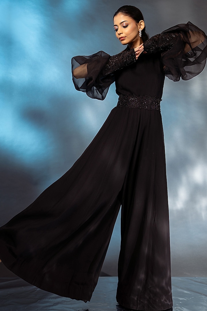 Black Georgette Embroidered Jumpsuit by AANCHAL VIJAYWARGI at Pernia's Pop Up Shop
