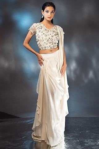 Ivory Satin Draped Palazzo Pant Saree Set by AANCHAL VIJAYWARGI