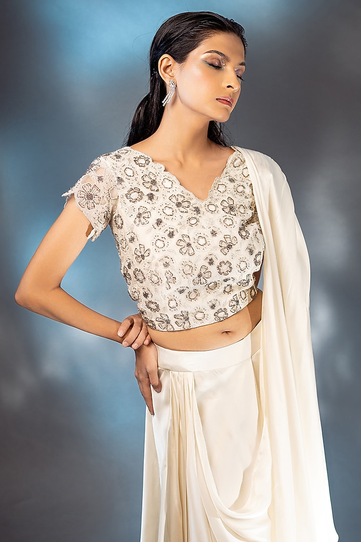 Ivory Satin Draped Palazzo Pant Wedding Saree Set by AANCHAL VIJAYWARGI at Pernia's Pop Up Shop