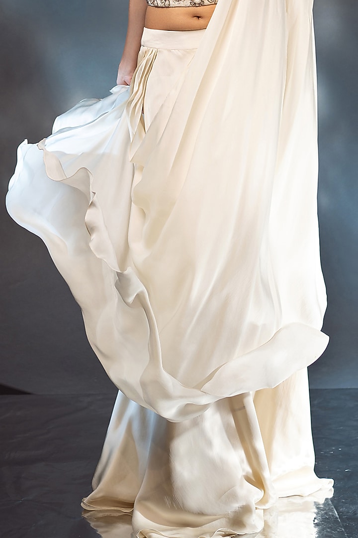 Ivory Satin Draped Palazzo Pant Wedding Saree Set by AANCHAL VIJAYWARGI at Pernia's Pop Up Shop