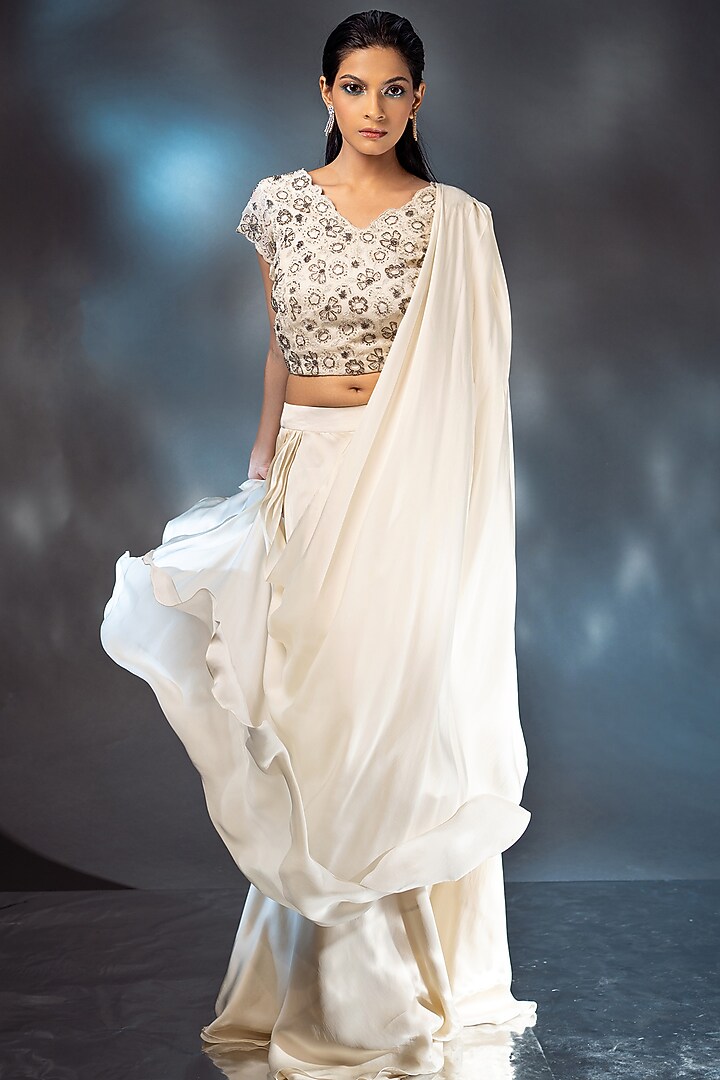 Ivory Satin Draped Palazzo Pant Wedding Saree Set by AANCHAL VIJAYWARGI at Pernia's Pop Up Shop