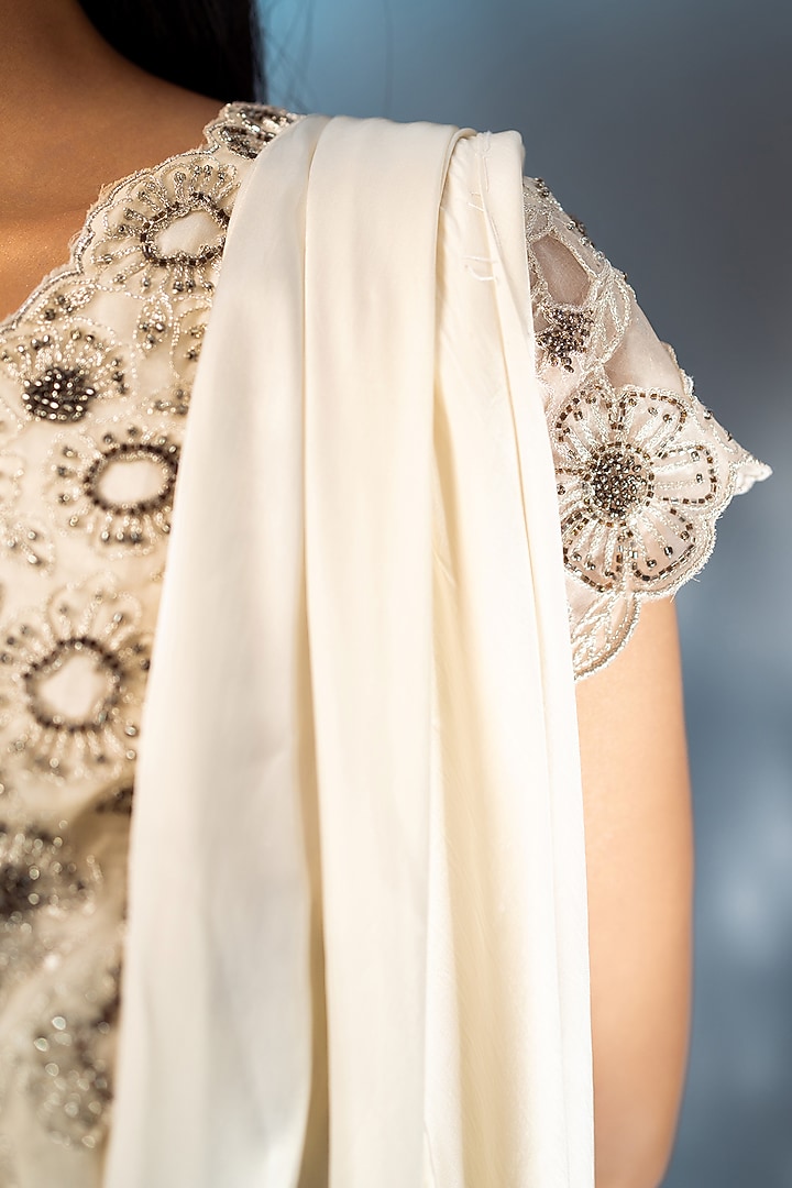 Ivory Satin Draped Palazzo Pant Wedding Saree Set by AANCHAL VIJAYWARGI at Pernia's Pop Up Shop