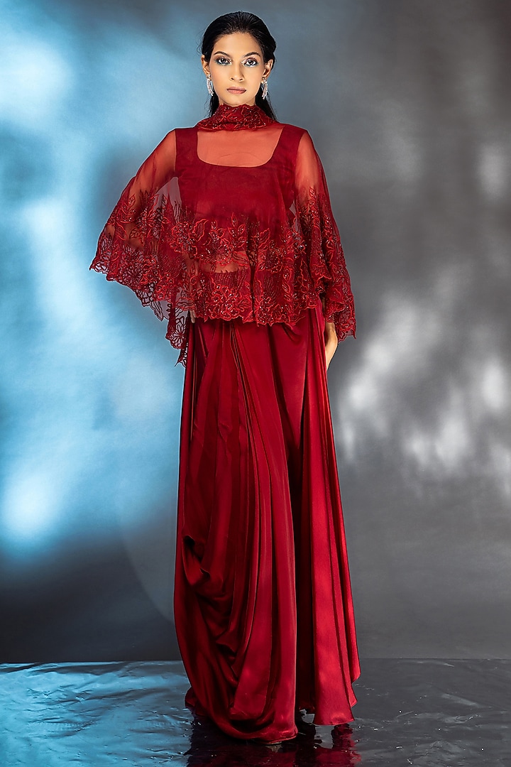 Crimson Satin Skirt Set by AANCHAL VIJAYWARGI