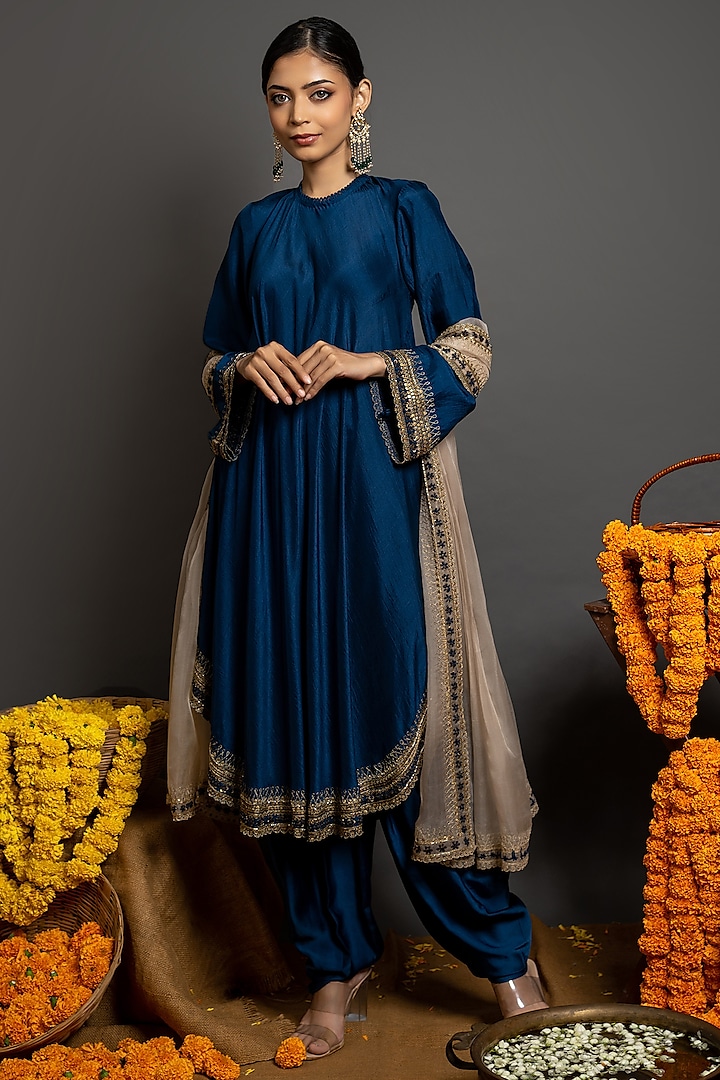 Royal Blue Silk Dhoti Set by AANCHAL VIJAYWARGI