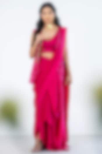 Pink Bemberg Satin Pre-Draped Saree Set by AANCHAL VIJAYWARGI
