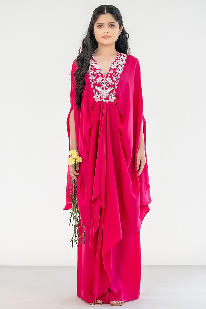 Pink Bemberg Satin Pearl Embroidered Kaftan Set by AANCHAL VIJAYWARGI