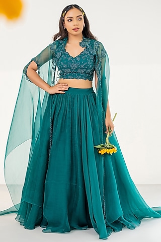Teal Organza Lehenga Set by AANCHAL VIJAYWARGI
