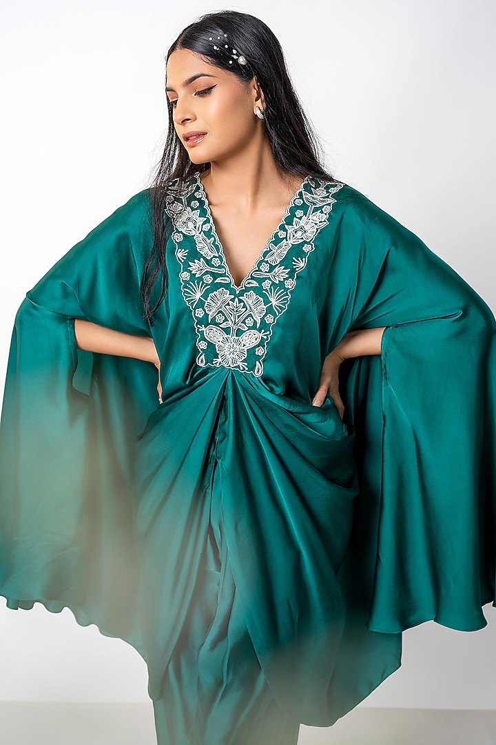 Teal Bemberg Satin Pearl Embroidered Kaftan Set by AANCHAL VIJAYWARGI at Pernia's Pop Up Shop